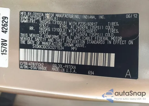 2012 Toyota Sienna Le V6 7 Passenger Auto Access Seat/Le V6 8 Passenger from USA, damaged, VIN 5TDKK3DC5CS271534